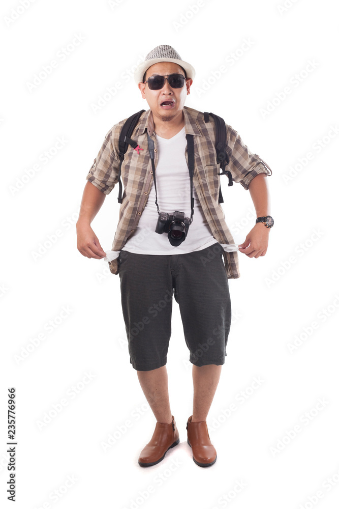Traveling People Isolated on White. Male Backpacker Tourist Broke Empty Wallet Traveling People Isolated on White. Male Backpacker Tourist Broke Empty Wallet