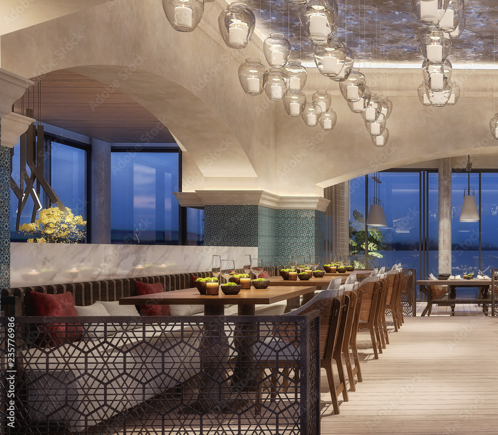 modern interior design of a restaurant, Arabic style with arched beams ...