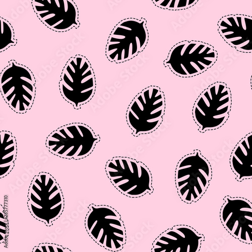 Silhouette black tropical leaf sticker minimal seamless pattern. Vector illustration isolated on a pink background.