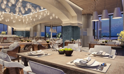 modern interior design of a restaurant, Arabic style with arched beams and candle ceiling light, night scene, yellow flowers, 3d rendering, 3d illustration