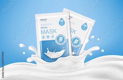 Facial sheet mask sachet package and abstract splashes. Vector realistic illustration isolated on blue background. Beauty product packaging design templates.