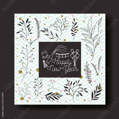 frame with happy new year lettering and wreath crown