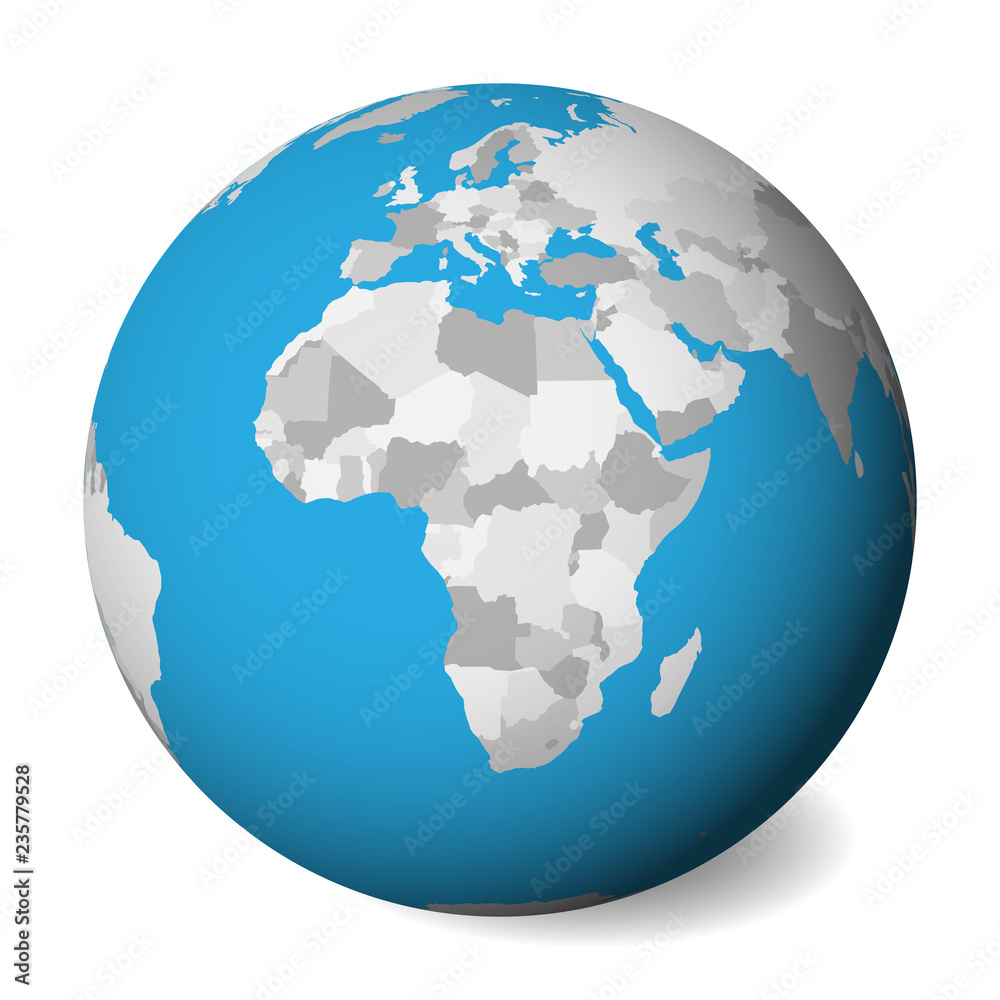 Blank political map of Africa. 3D Earth globe with blue water and grey lands. Vector illustration.