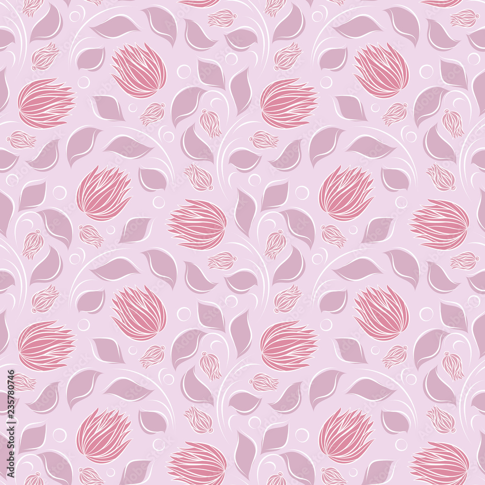 Seamless vector floral pattern with abstract flowers and leaves in pastel pink colors on light background