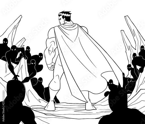 Rear view line art illustration of cartoon brave superhero standing alone in confrontation with the forces of evil as concept for courage and positive power.