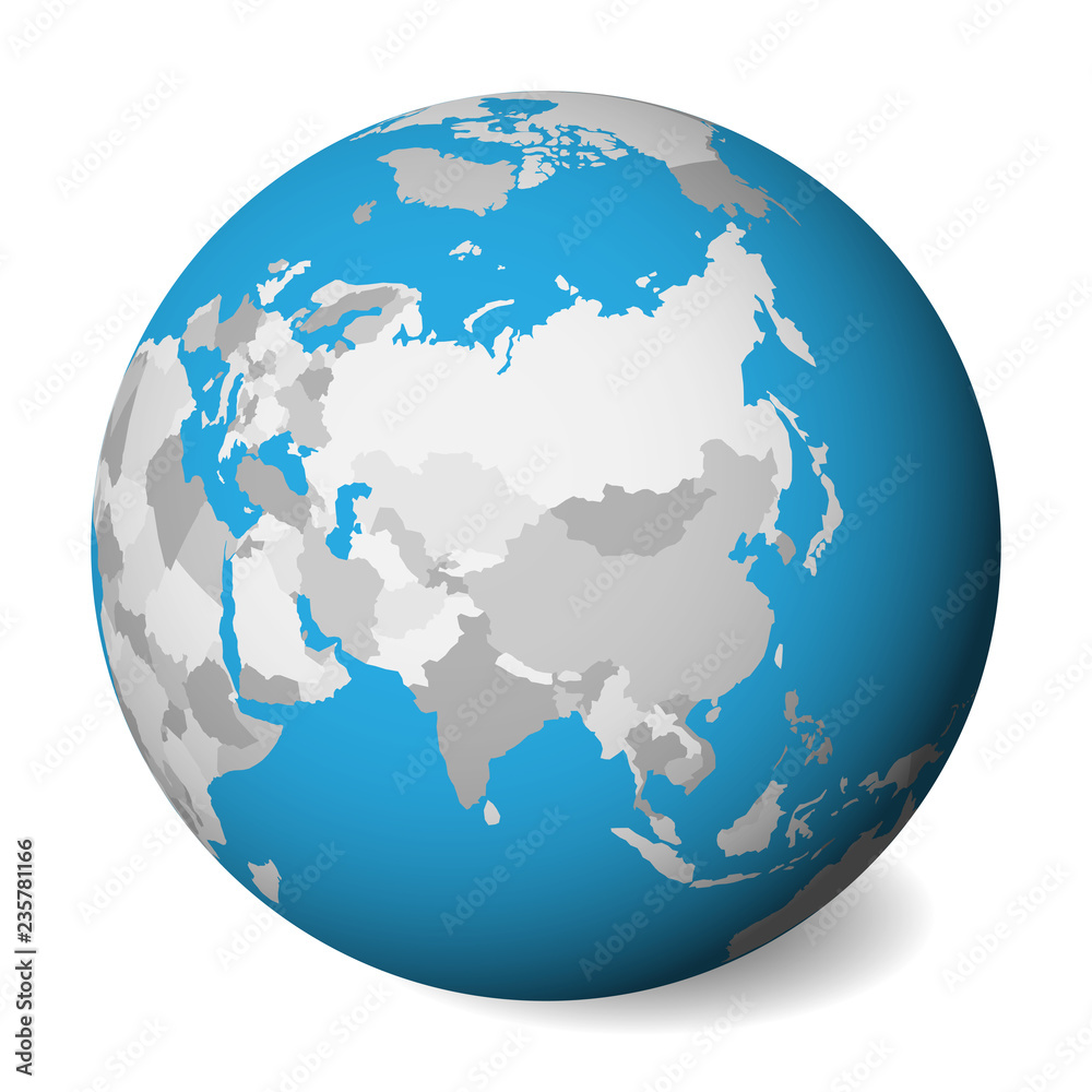 Blank political map of Asia. 3D Earth globe with blue water and grey lands. Vector illustration.