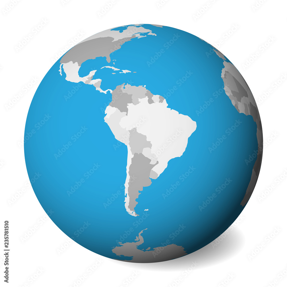 Fototapeta premium Blank political map of South America. 3D Earth globe with blue water and grey lands. Vector illustration.