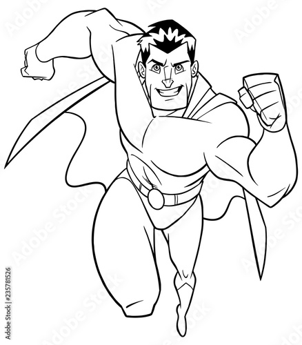 Full length line art of a powerful and muscular superhero running fast during courageous mission isolated on white background for copy space.