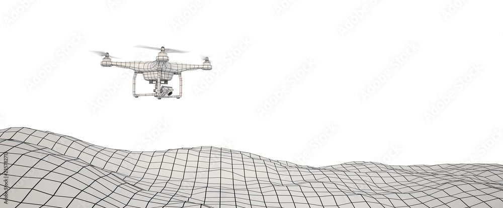 White drone over terrain mesh. Drone flying with action camera. Wire-frame  style. Isolated in white background. 3D illustration. ilustración de Stock  | Adobe Stock