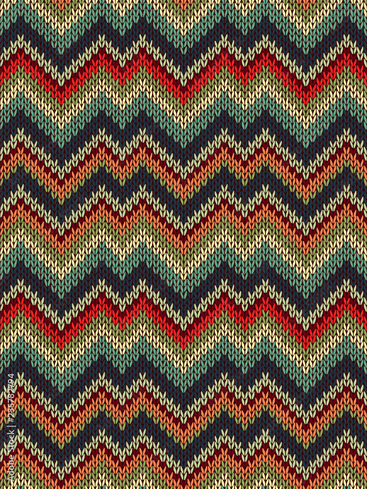 Multicolor seamless knit pattern. Zigzag embroidery texture