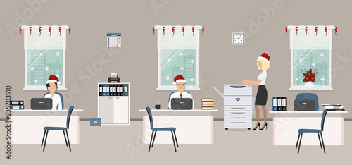 Office room, decorated with Christmas decoration. Young employees in Santa caps in the workplace. There is white furniture, blue chairs, a copy machine on a window background in the picture. Vector
