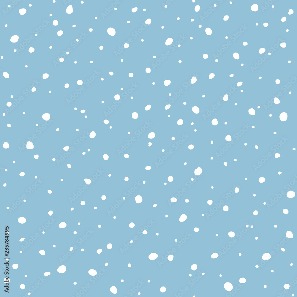 Falling snow seamless pattern. White snow and blue sky vector background. Winter snowfall