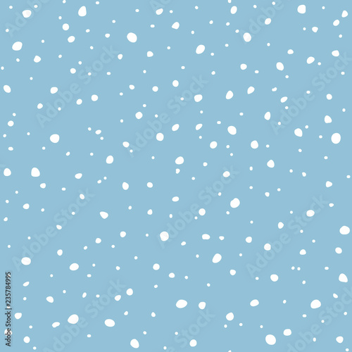 Falling snow seamless pattern. White snow and blue sky vector background. Winter snowfall