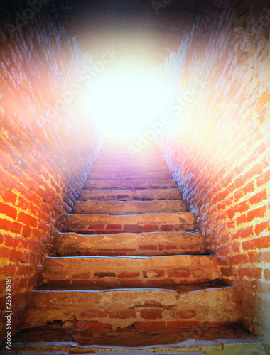 Way to heaven . Religious background . Light at end of tunnel in castle