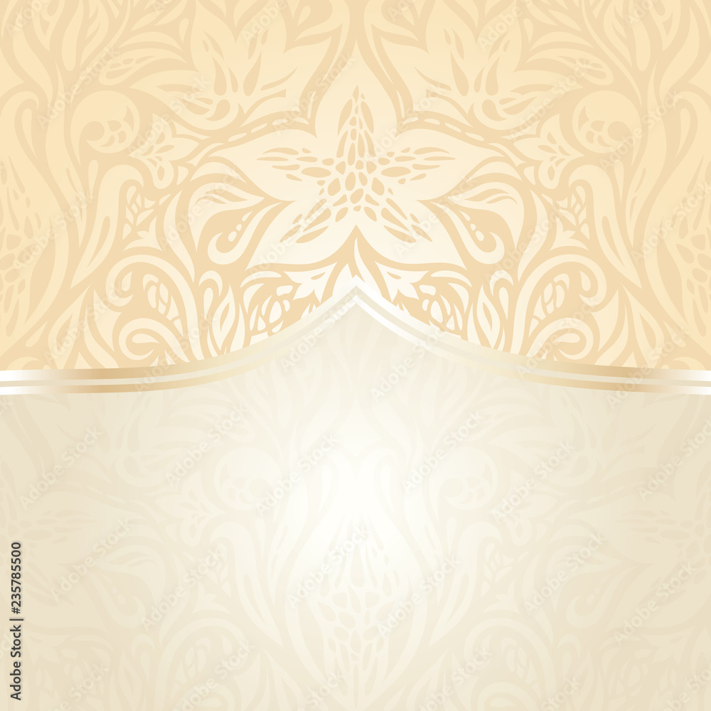 Floral wedding invitation wallpaper design in ecru & gold, with blank space
