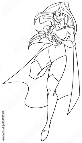 Full length line art illustration of happy superheroine mom holding her cute newborn baby boy in her arms isolated on white background for copy space.