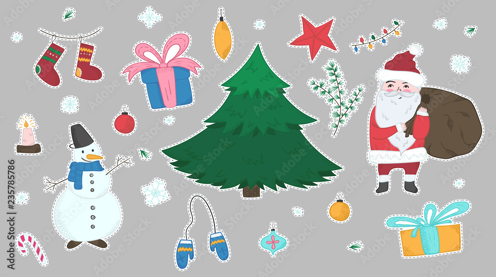 Cute big colorful stickers set of doodle Christmas elements including fir, Snowman, Santa Claus, giftboxes, mittens, stocking for new year banner design, labels, coloring books, kids apps