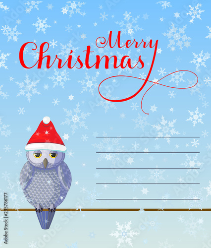 Christmas Greeting card with cute silver owl wear red hat on blue background with snowflakes.