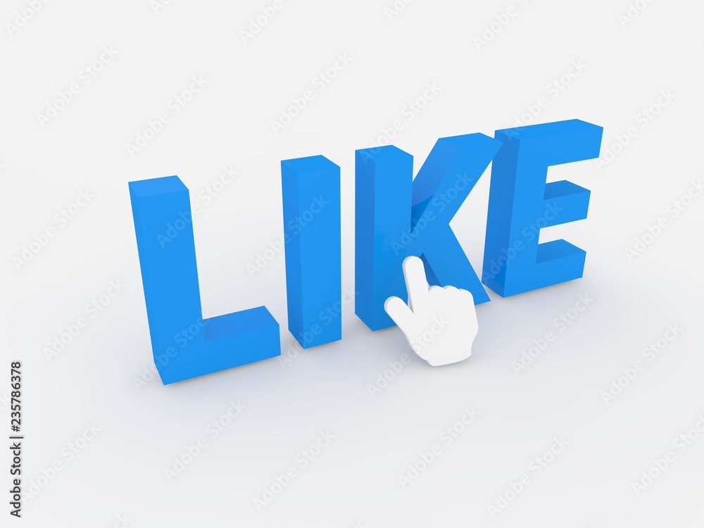 Online cursor clicks like. 3d render illustration.