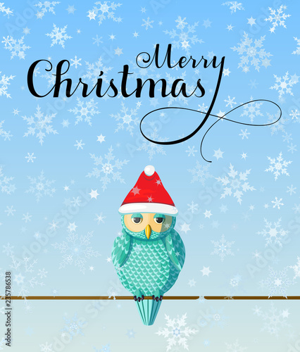 Christmas Greeting card with cute turquoise owl wear red hat on blue background with snowflakes.