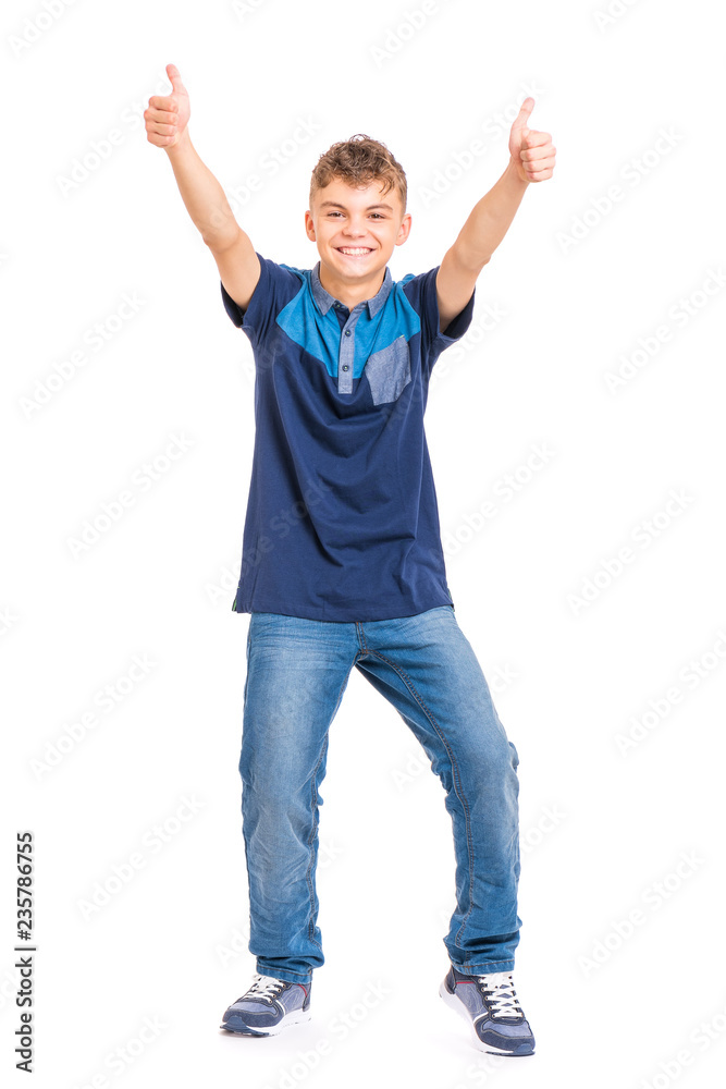 Full length portrait of young caucasian teen boy isolated on white  background. Funny teenager making thumb up gesture. Handsome child looking  at camera and smiling. foto de Stock | Adobe Stock