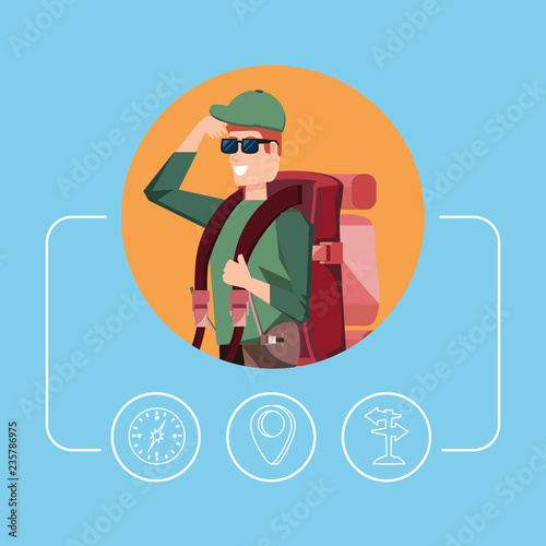 man tourist with bag camping and set icons