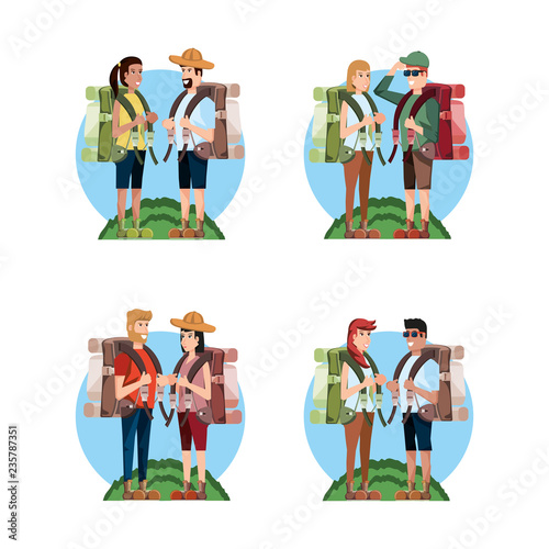 group of tourists and set icons