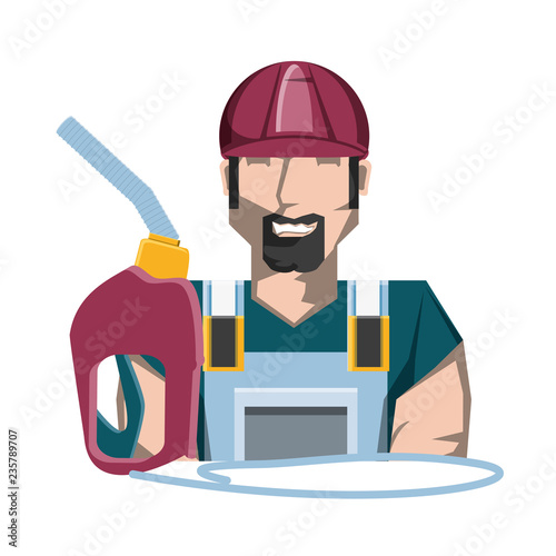 worker with gasoline dispenser gun