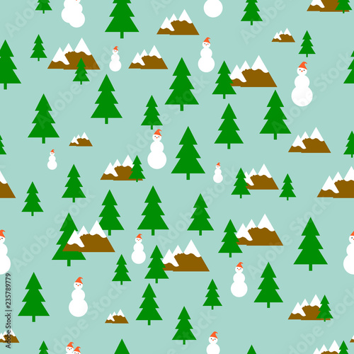 Pattern of green fir tree, white snowman in red hat and mountains on a blue background