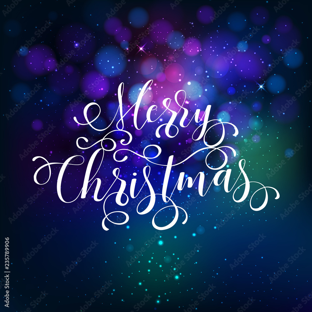 Merry Christmas text Calligraphic Lettering design card template on bokeh background. Creative typography for Holiday Greeting Gift Poster. Calligraphy Font style Banner. Vector illustration