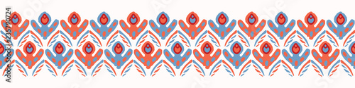 Stylized Retro Floral Seamless Vector Border. Colorful Folk Flowers Motif Banner. Vintage 1970's Style on Pink Background. Trendy for Girly Stationery, Floral Packaging, Kitchen Ware, Isolated Edgings