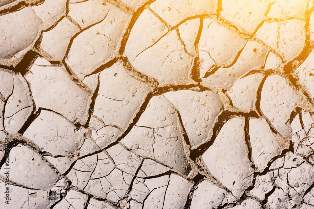 Texture, background of dry cracked earth ground. Global shortage of water on planet. Deep cracks in land as symbol of hot climate and drought. Concept of global warming