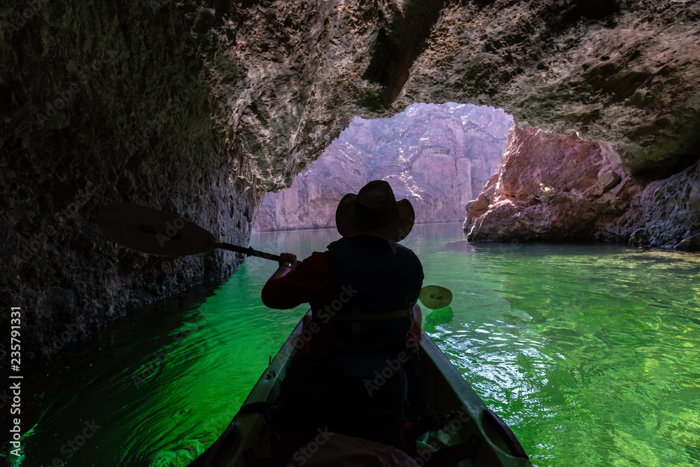 Kayaking in Emerald Cave, Colorado River in Black Canyon, Arizona Stock