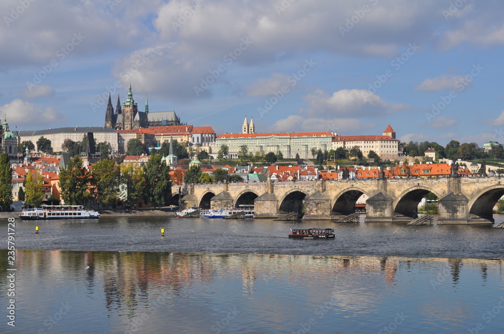 Historical center in Prague. Travel to the Czech Republic. Vltava River and Charles Bridge.