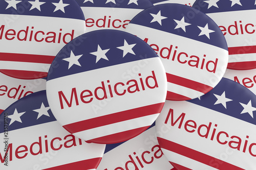 USA Politics News Badges: Pile of Medicaid Buttons With US Flag, 3d illustration photo