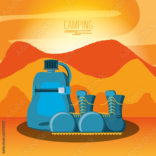 camping zone with boots and bottle