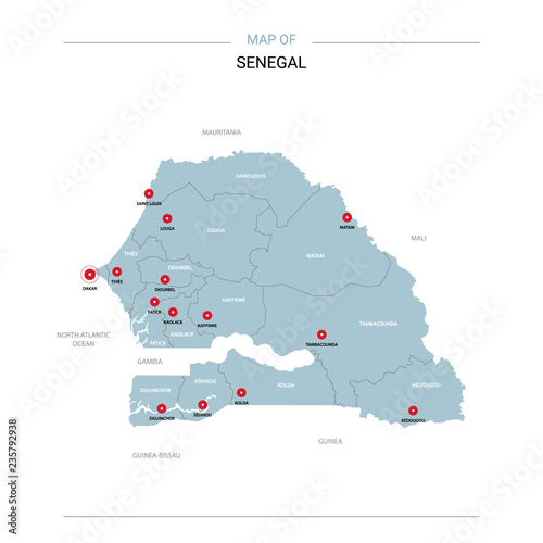 Senegal vector map. Editable template with regions, cities, red pins and blue surface on white background. 