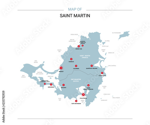 Saint Martin vector map. Editable template with regions  cities  red pins and blue surface on white background. 