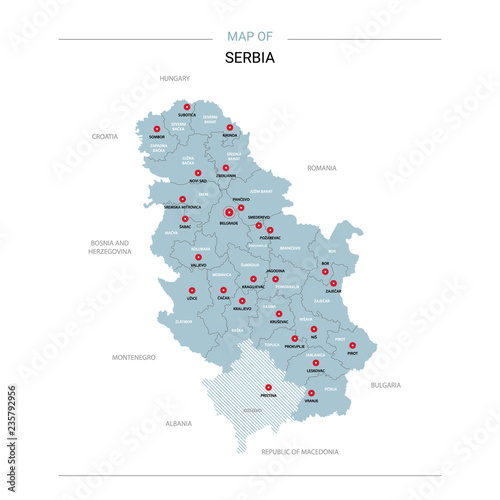 Serbia vector map. Editable template with regions, cities, red pins and blue surface on white background.