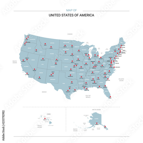 United States of America vector map. Editable template with regions, cities, red pins and blue surface on white background. 