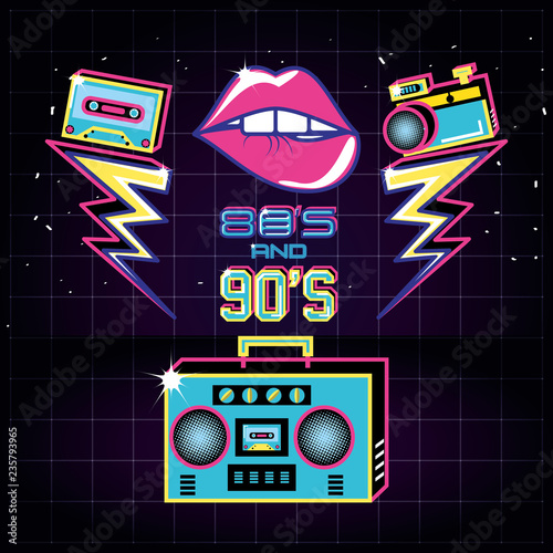 radio with icons of eighties and nineties retro