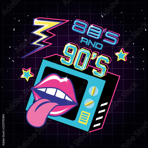 televisor with icons of eighties and nineties retro
