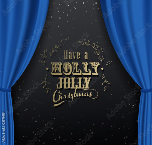 Merry Christmas vector background with many snowflakes and blue curtain background.