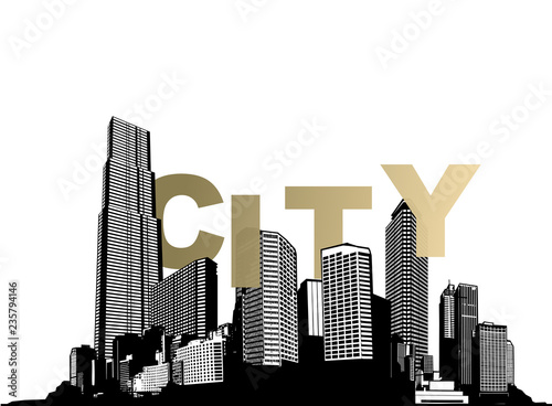 Black and white cityscape silhouette with skyscrapers and golden City word.