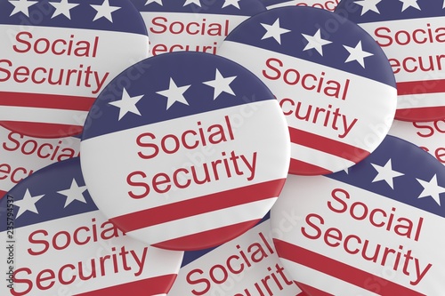 USA Politics News Badges: Pile of Social Security Buttons With US Flag, 3d illustration