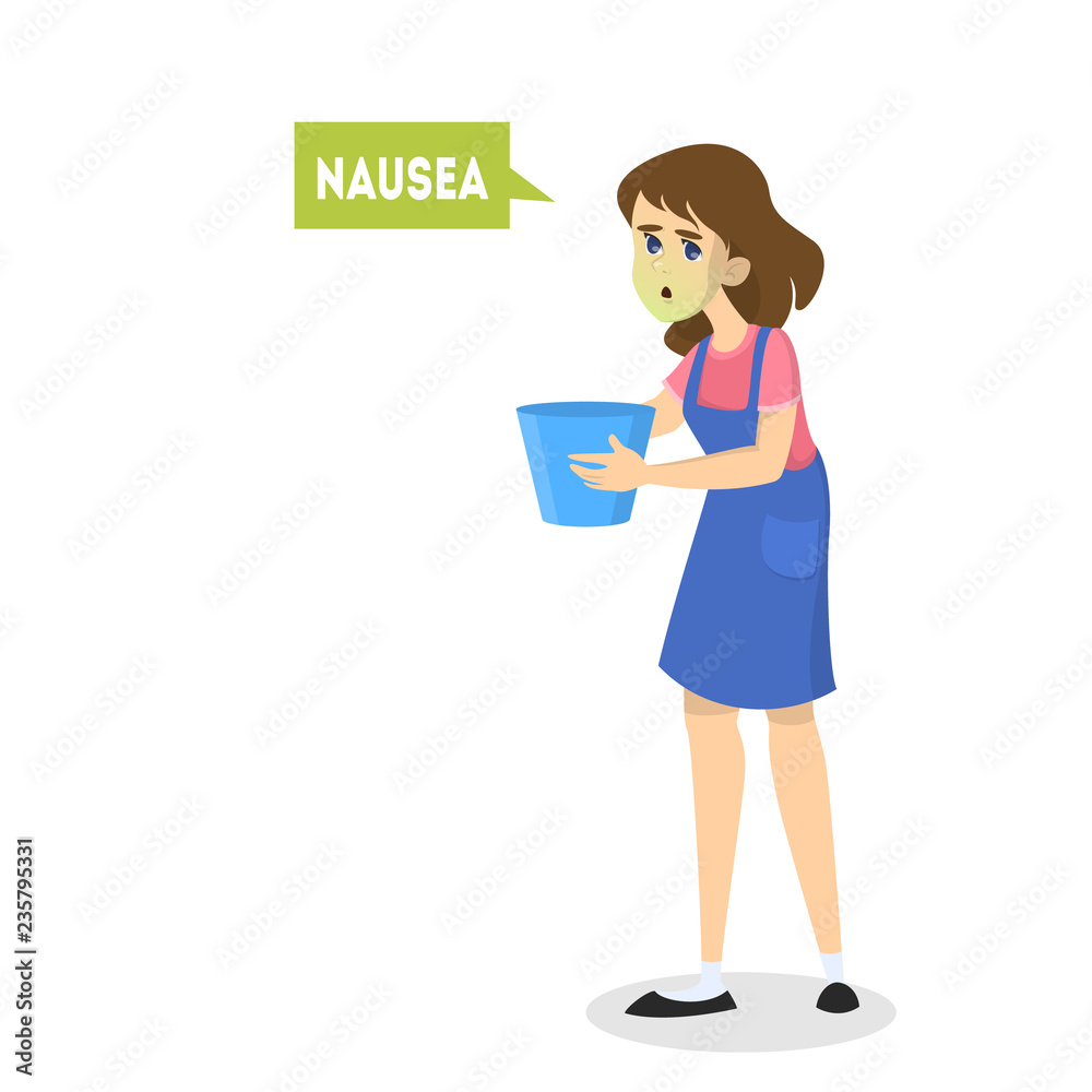 Woman suffer from nausea. Symptom of disease Woman suffer from nausea. Symptom of disease