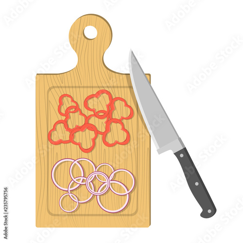 Cutting food on the wooden board with sharp knife