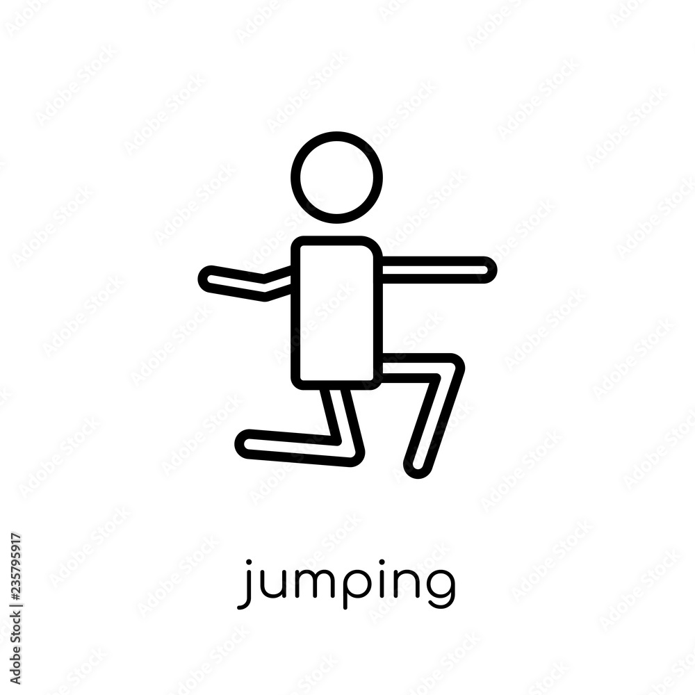 Jumping icon. Trendy modern flat linear vector Jumping icon on white background from thin line Activity and Hobbies collection Jumping icon. Trendy modern flat linear vector Jumping icon on white background from thin line Activity and Hobbies collection