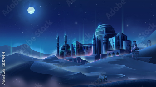 Castle at night in desert