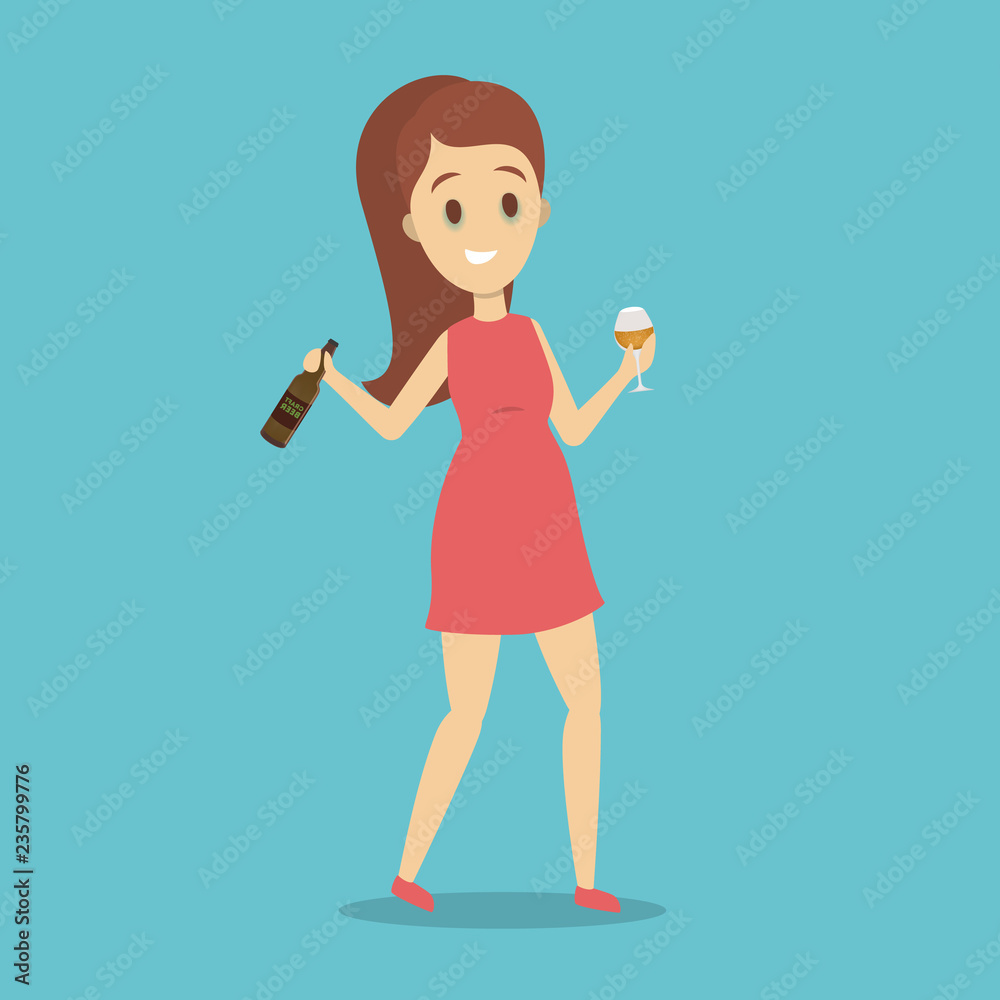 Drunk woman with alcohol addiction with bottle of beer Drunk woman with alcohol addiction with bottle of beer